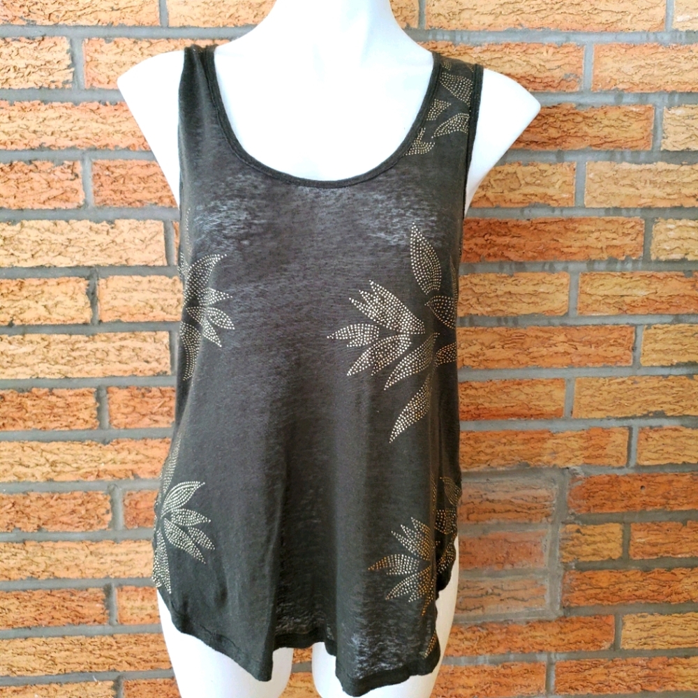 Lucky Brand Green with Gold Studded Leaves Tank Top Size XS